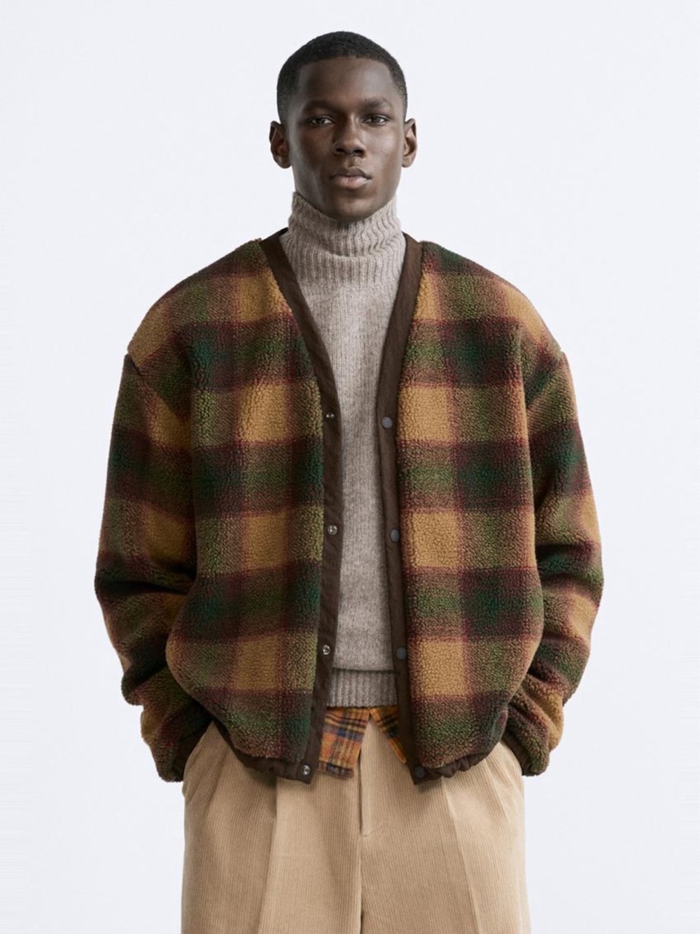 Zara Brown Plaid Sherpa Snap-Front Cardigan